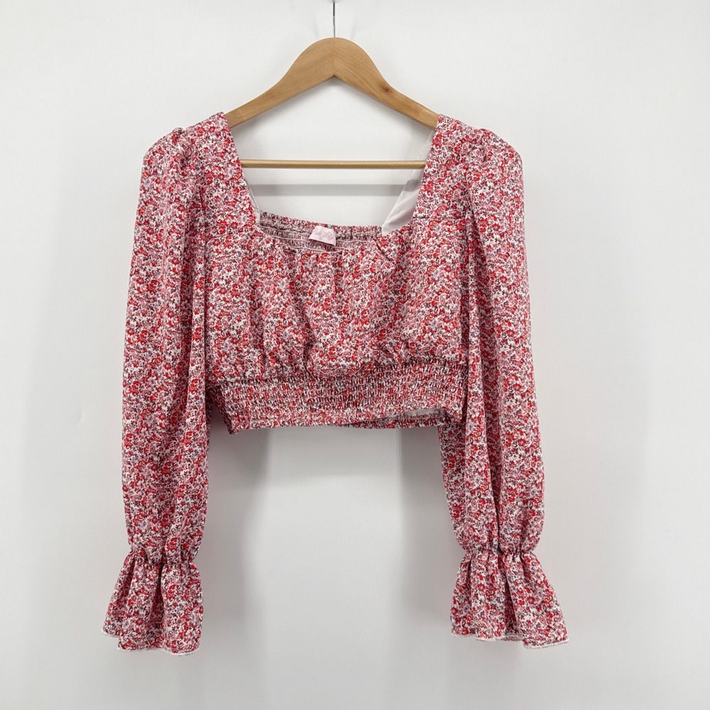 Pink Lily Floral Crop Top Long Balloon Sleeve Smocked Red Blouse Size Small Boho